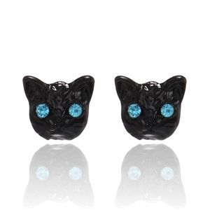 Spooky Black Cat Sparkling Blue Eyed Stud Earrings
